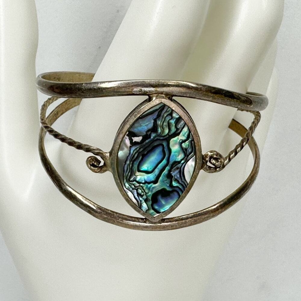 Vintage Alpaca Mexico Abalone Marquise Triple Band Cuff Bracelet ✨